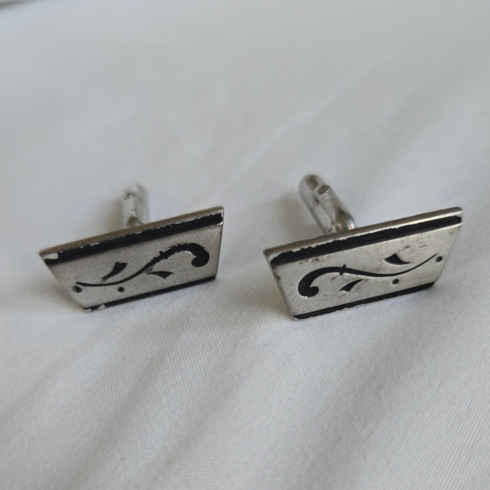 VTG Midcentury Goth Cufflinks Retro Formal Unbranded OS Mens Silver Black Scroll